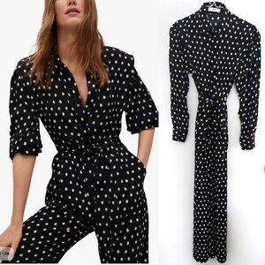 Mango Polka Dot Wide Leg Jumpsuit Belted Button Front Retro Chic Womens XS